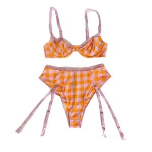 Savage X Fenty Check'D Out Gingham Bra Panty Lingerie Set Pink Orange Small 32B
